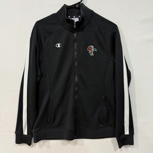 Champion Track Jacket Men's L Black White Stripe Rose Embroidery Zip Up‎